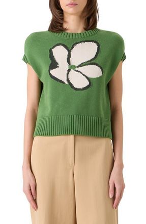 Akris Papercut Flower Intarsia Cotton Sweater in Green Tea-Cream-Olive at Nordstrom, Size 14