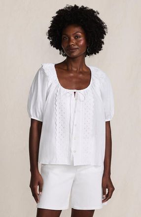 Lands End Voile Puff Elbow Sleeve Embroidered Blouse in White at Nordstrom, Size X-Large