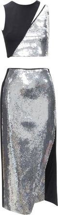DAVID KOMA silver sequins midriff crop top asymmetric high slit skirt set