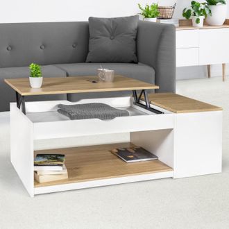 IDMarket Mesa De Centro Elevable Elea Con Caja De Madera Blanca Y Acabado En Haya