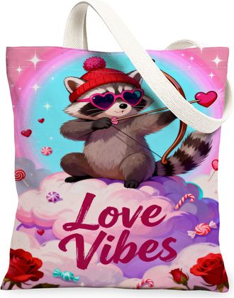 Generic ValentineS Day Raccoon Canvas Tote Bags, Adorable Animal Design Reusable Grocery Bags, Lightweight Washable Shoulder Strap, Peach, 13x15 Inch