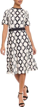 London Times Short Sleeve Side Tab Fit & Flare Dress in Ivory/Black at Nordstrom Rack, Size 12P
