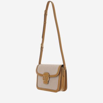 Valentino Garavani Womens Canvas Shoulder Bag With Leather Trim Beige