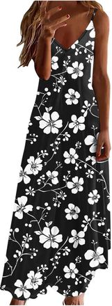 Generic Womens Flowy Casual Dresses Fashion A Line Comfort Womens Summer Print Long Dresses V Neck Spaghetti Straps Maxi Dress Casual Sun Dress for Holiday Be