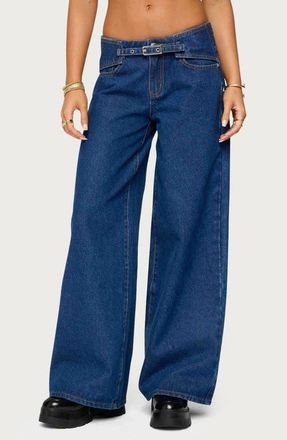 Edikted Edie Belted Low Rise Wide Leg Jeans in Blue at Nordstrom, Size X-Small