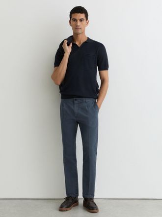 Reiss Airforce Blue Cotton-linen Side-adjuster Tapered Trousers, 38
