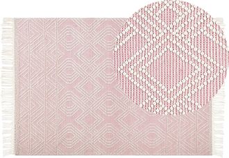 Beliani Alfombra De Lana Rosa Pastel Blanco 160 X 230 Cm Poli&eacute;ster Geom&eacute;trico Borlas Adana