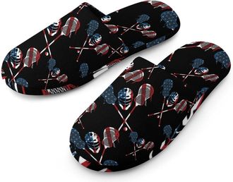 Generic Lacrosse U.S.A Flag Flannel Mens Slip-on Slippers Winter Warm House Shoes with Rubber Sole for Home Hotel