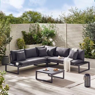 Furniturebox Dubai 6 Seater Outdoor Corner Sofa with Wood-Effect Tables in Grey
