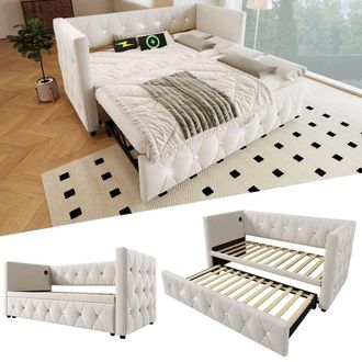 Matteo Velvet Daybed - Pull-Out Trundle & USB Charging - Sofa Bed in Beige | Size: Single