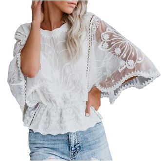 Generic Blouse Tops for Women UK Party Flowy Long Sleeve Tunic Blouses Peplum Tops Floral Embroidery Chiffon Casual Shirts Elastic Waist Hem Pullover Holiday 