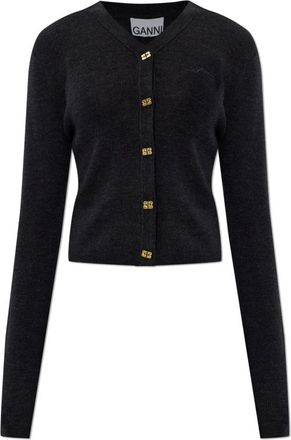 Ganni Wollen Cardigan met Geborduurd Logo - Dames - Vesten - Zwart - S - Wol - Truien & Vesten