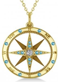 Allurez Compass Pendant For Men Blue Topaz & Diamond Accented 14k Yellow Gold (0.45ct)
