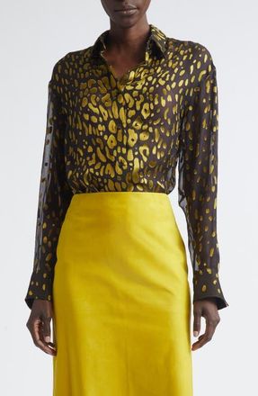Ferragamo Devor&eacute; Silk Blend Georgette Button-Up Shirt in Expresso/Brasswood at Nordstrom, Size 10 Us