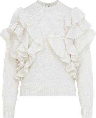 Elisabetta Franchi Gebreide Pullover met Ruches - Dames - Ronde hals truien - Wit - L - Truien & Vesten