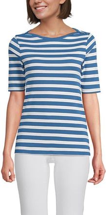 Lands End Supima Cotton Elbow Sleeve Boatneck Button Shoulder Tee in Teal Blue Ocean Multi Stripe at Nordstrom, Size X-Small