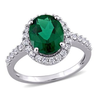 Amour 3 7/8 CT TGW Created Emerald and Created White Sapphire Halo Engagement Ring In 10K White Gold