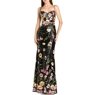 Mac Duggal Sleeveless Bustier Floral Applique Gown in Black Multi at Nordstrom, Size 8