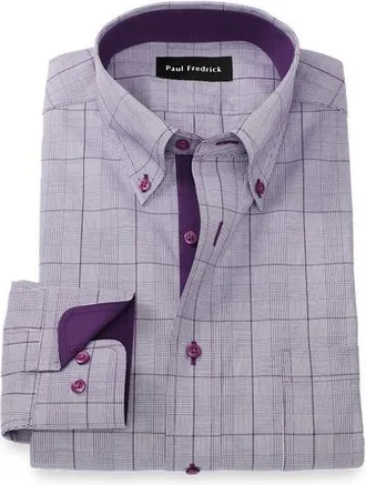 Paul Fredrick Comfort Stretch Non-iron Glen Plaid Dress Shirt With Contrast Trim in Purple at Nordstrom, Size 16 - 34
