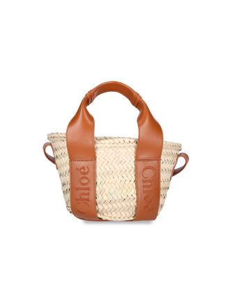 Chloé Sense Small Tote Bag In Nat Raffia And Brown Leather