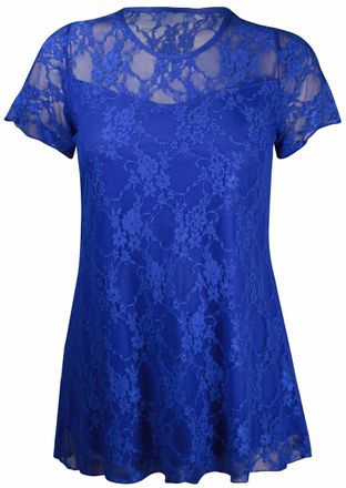 Purple Hanger New Womens Floral Lace Short Sleeve Ladies Flower Lined Patterned Stretch T-Shirt Tunic Party Top Plus Size Royal Blue Size 26 - 28