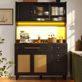 Merax Black Tall Kitchen Buffet Cabinet with LED Lighting & Rattan Doors