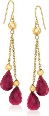 Ross-Simons Ruby and Bead Double Drop Earrings in 14kt Yellow Gold
