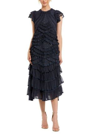Mac Duggal High Neck Ruffle Mesh Midi Dress in Navy at Nordstrom, Size X-Small