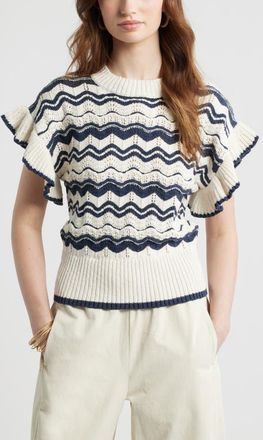 Treasure & Bond Flutter Sleeve Cotton Pointelle & Rib Sweater in Navy- Ivory Wave Stripe at Nordstrom, Size Xx-Large