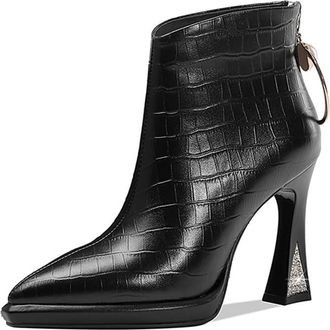 TinaCus Womens Genuine Leather Pointed Toe Handmade Back Zipper with Ring High Heels Chic Ankle Boots, Black, 1.5 UK