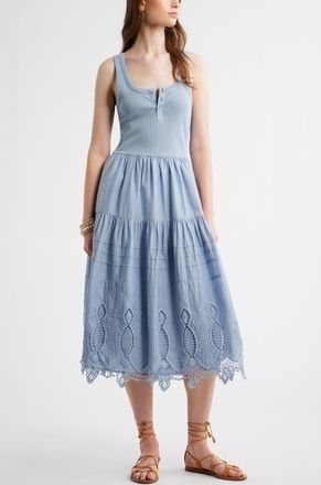 Treasure & Bond Embroidered Mixed Media Henley Tank Dress in Blue Blizzard at Nordstrom, Size Xx-Small