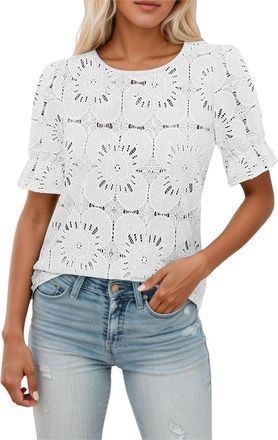 Generic Women Blouse Cutout Flower Top Round Neck Long Sleeve Elastic Cuffs Elegance Shirt Womens Eyelet Tops Puff Short Sleeve Blouses Dressy Casual Cute Hol