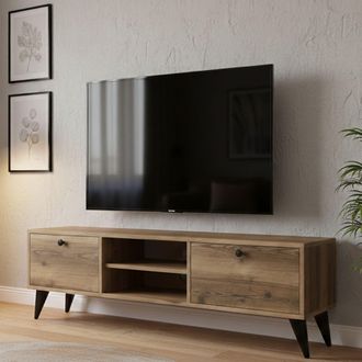 Dmora Dmora - Mueble De Televisi&oacute;n Atropos, Aparador De Sal&oacute;n, Mueble Bajo Para Tv, Base De Pared Equipada, 138x30 H43 Cm, Nogal Y Negro