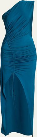Balmain One Shoulder Fluid Jersey Ruched Gown