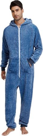 Generic Long Sleeve Jumpsuit Men, Mens Onesie Pyjamas Warm Plain Pyjamas with Hood Zip Fluffy Soft Leisure One-Piece Pyjamas Sleep Overall Zip Teddy Fleece On