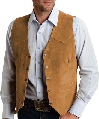 Generic Mens Suede Leather Vest Gentleman Business Waistcoat Vintage Western Cowboy Style Slim Fit Banquet Suit Vest