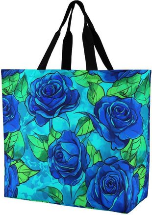 Generic Blue Roses Watercolor Reusable Shopping Bags Large Capacity Grocery Bag Heavy Duty Tote for Women 40x40x16cm