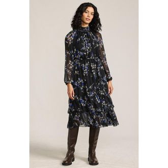 Lands End Crinkle Chiffon Ruffle Dress in Black/lapis Fall Floral at Nordstrom, Size X-Small