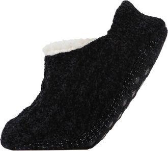 MeMoi Cable Chenille Fleece Lined Slipper Socks in Black at Nordstrom, Size Medium