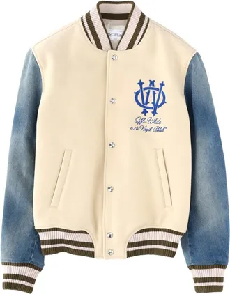Off-white Gothic Wool Denim Jacket with Snap-Button Closure and Striped Details