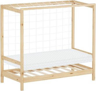ML Design Letto per Bambini 70x140 cm a Forma di Porta da Calcio con Materasso, Colore Naturale Letto Singolo in Legno di Pino con Rete a Doghe e Rete da