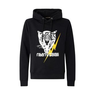 Roberto Cavalli Hoodies, male, Black, Size: XL Sweatshirt with Jaguar and Lightning