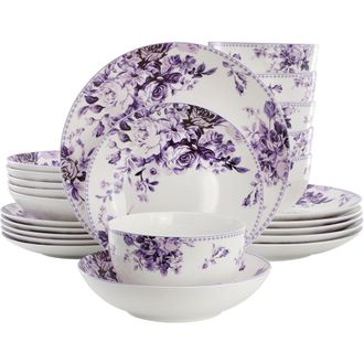 Elama Traditional Purple Rose 24 Piece Porcelain Double Bowl Dinnerware Set at Nordstrom