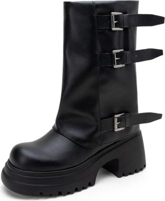 Generic Womens Chunky Heel Round Toe PU Leather Mid Calf Boots With Zipper And Buckle Platform Comfortable Non Slip Wear Resistant For Casual Party Outdoor,Bl