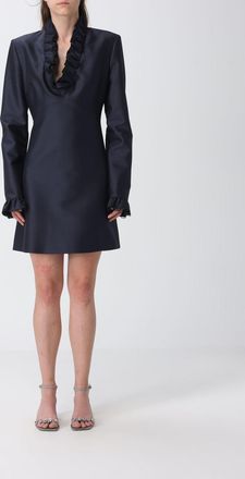 Alberta Ferretti Mini abito in raso a maniche lunghe con collo a rouches e scollo a V