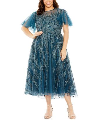 Mac Duggal Plus High Neck Flutter Sleeve Embellished A-Line Dress