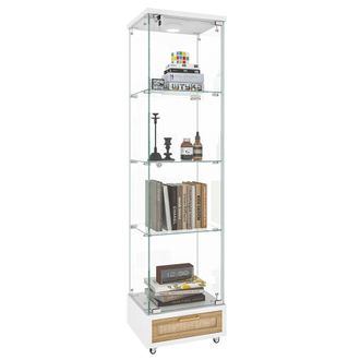 STILVORA Vitrina Con 1 Puerta, 4 Estantes, Cajones, Led Y Ruedas, Para Sal&oacute;n O Dormitorio, En Mdf Y Vidrio, Blanco