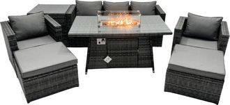 Fimous Fimous Rattan Garden Furniture Firepit Dining Set 7 Seater Lounge Sofa Table Set with Side table 2 big Footstool