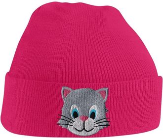 Bang Tidy Clothing Beanie Hats for Men Kitten Face Beanies Embroidered Animal Face Knitted Wooly Hat One Size Fits All Beanie Hat - Pink