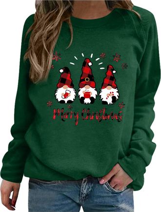 Generic Christmas Jumpers For Women Elf Shirts Funny Gnome Doll Print Pullover Cute Long Sleeve Crewneck Hoodies Ladies Christmas Sweatshirt Tops Xmas Loose P